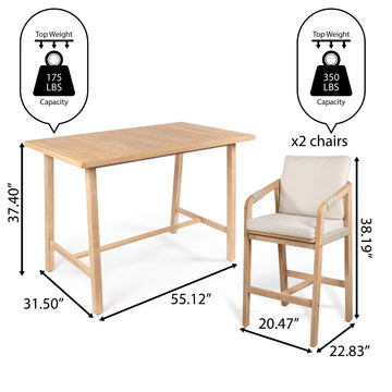 Porto Modern Coastal 3-Piece Acacia Wood Outdoor Bar Set with Cushions - JONATHAN Y